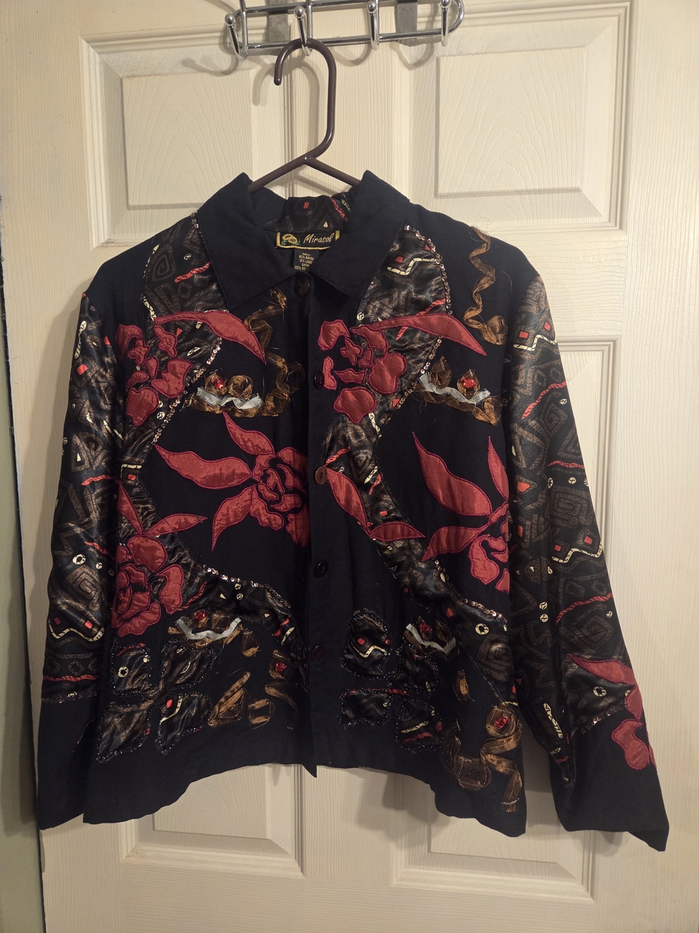 Black Embroidered Floral Jacket with Red Accents